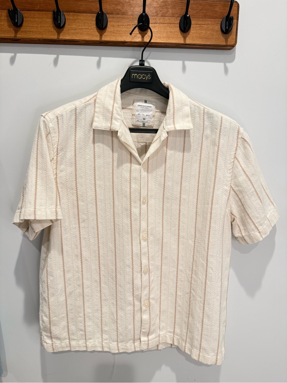 Denim & Flower Cream Short-Sleeve Button-Down Shirt with Tan Stripes